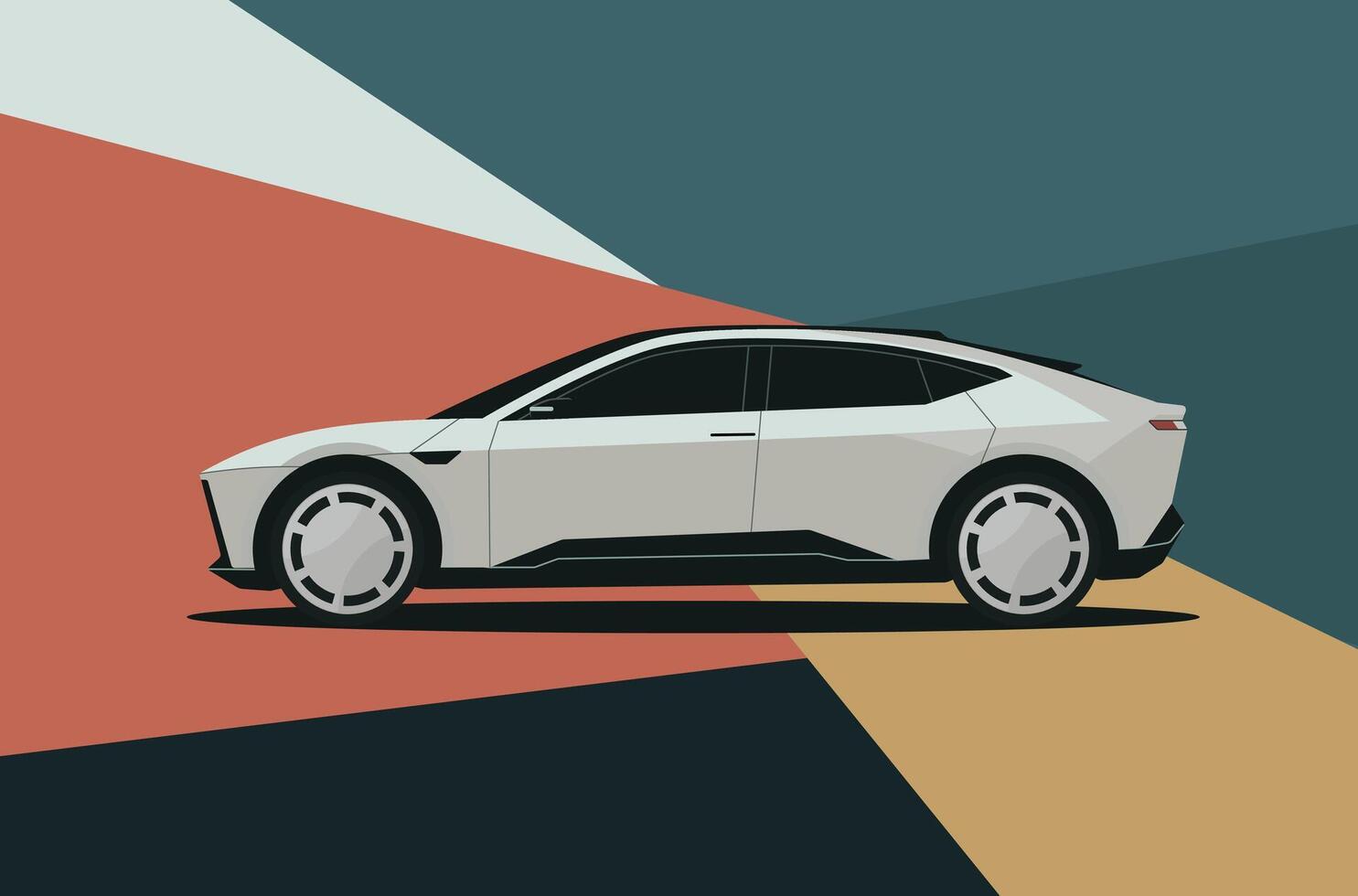 A gray car is shown in a colorful background. The car is a futuristic design with a sleek and modern look. The colors of the background create a sense of depth and dimension vector