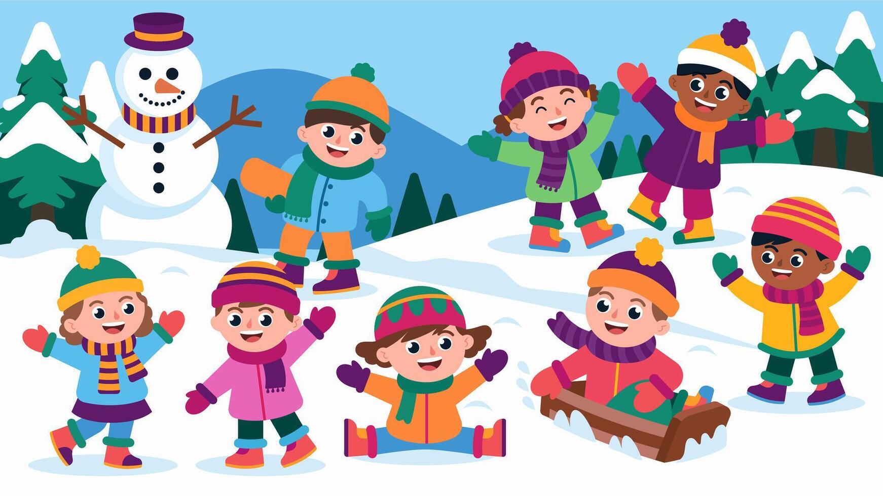A group of children are playing in the snow, with one of them holding a snowman vector
