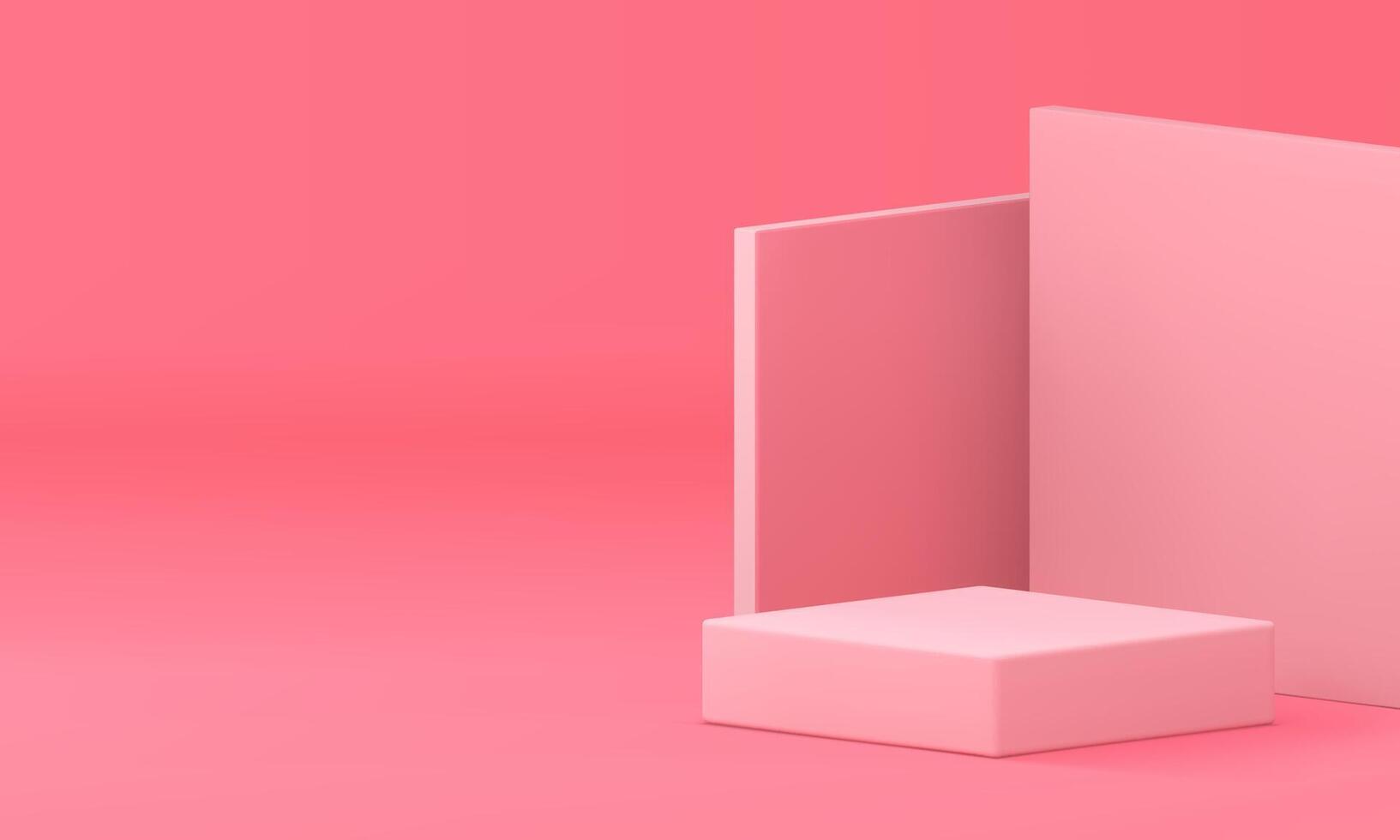 Pink squared 3d podium with wall background mockup for cosmetic show realistic illustration vector