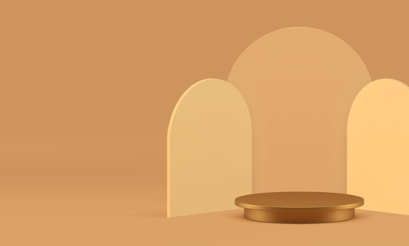 3d golden cylinder podium with semi circle wall background realistic illustration vector