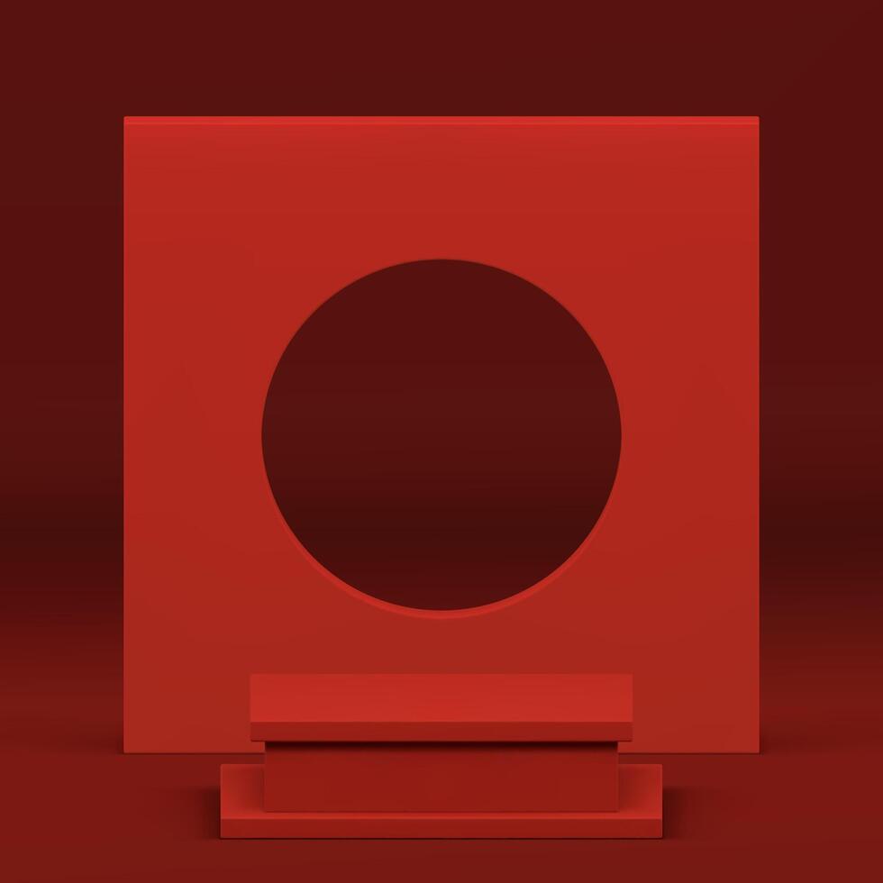 Red 3d squared podium with abstract geometric wall background for show realistic illustration vector
