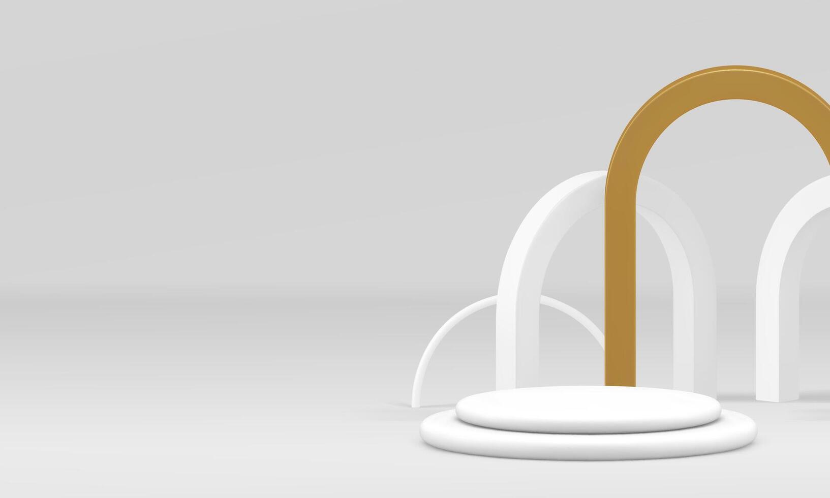 3d white cylinder podium with golden arch wall background realistic illustration vector