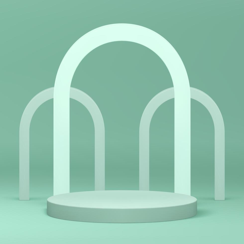 Light green 3d cylinder podium pedestal with arch wall background realistic illustration vector