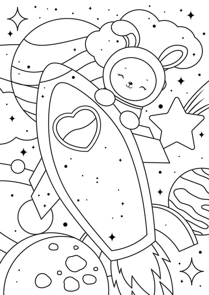Coloring page of a cute bunny astronaut with rocket and stars vector
