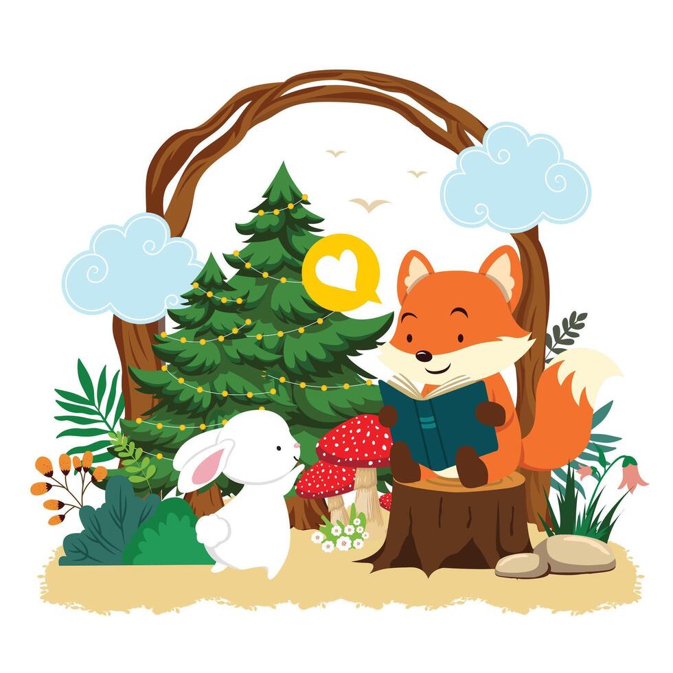A fox and rabbit are reading a book in front of a tree vector