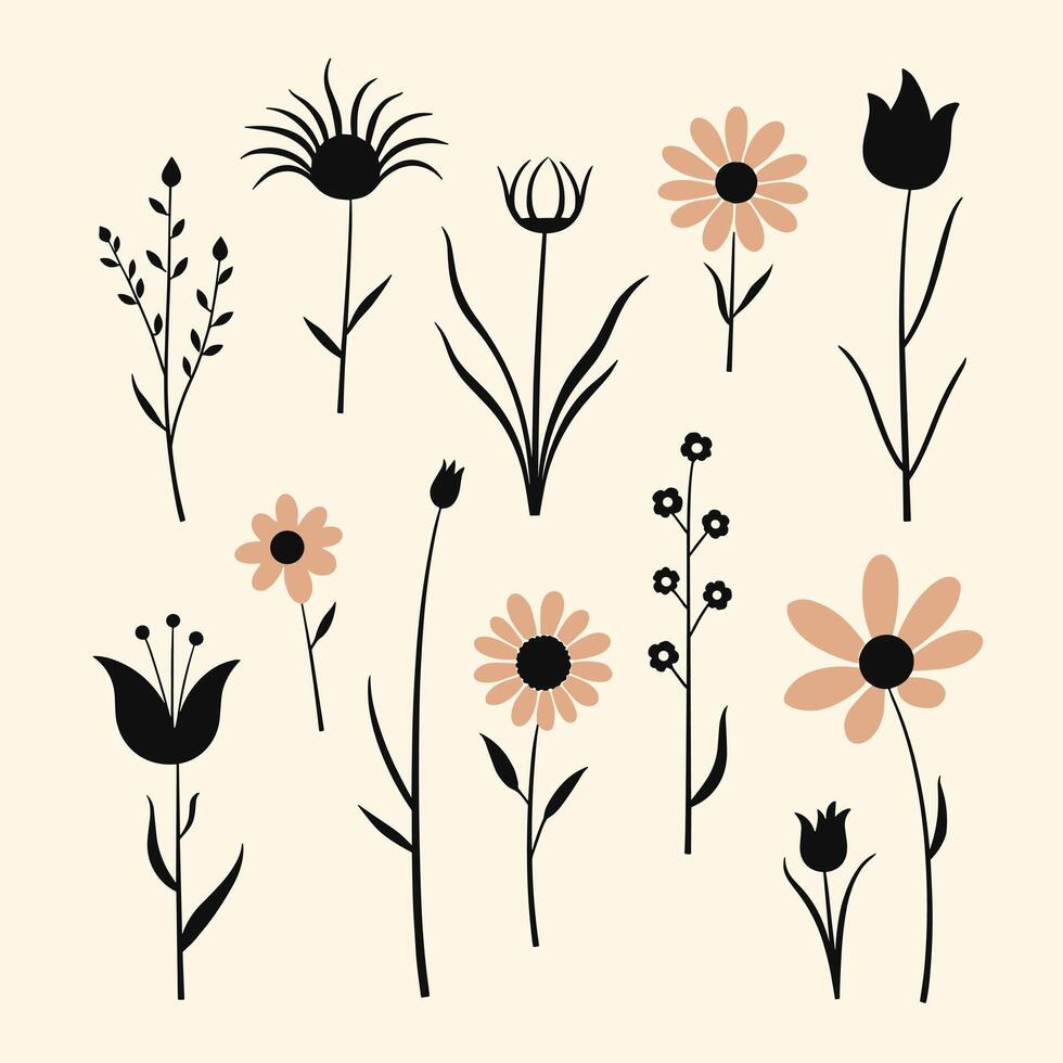 Stylized silhouettes of various flowers with orange accents on a light background. vector