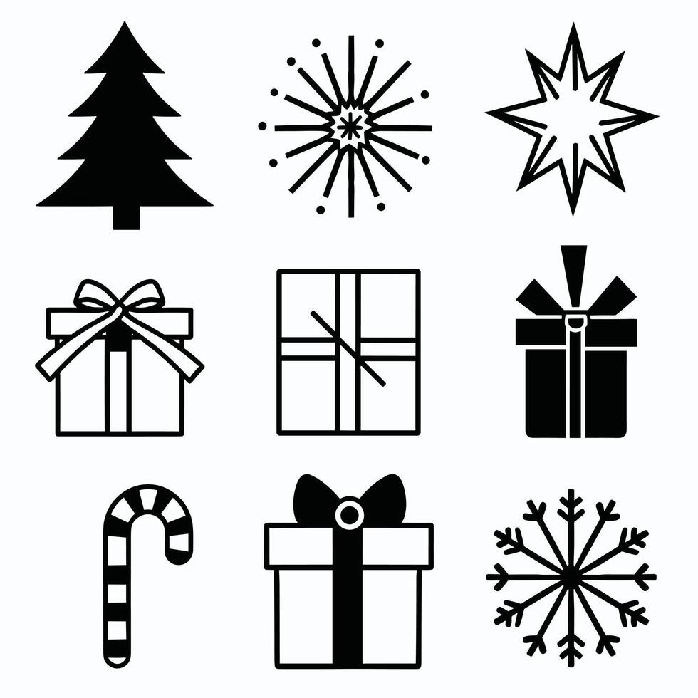 Black and white icons of Christmas elements including a tree, fireworks, stars, gift boxes, a candy cane, and snowflakes. vector