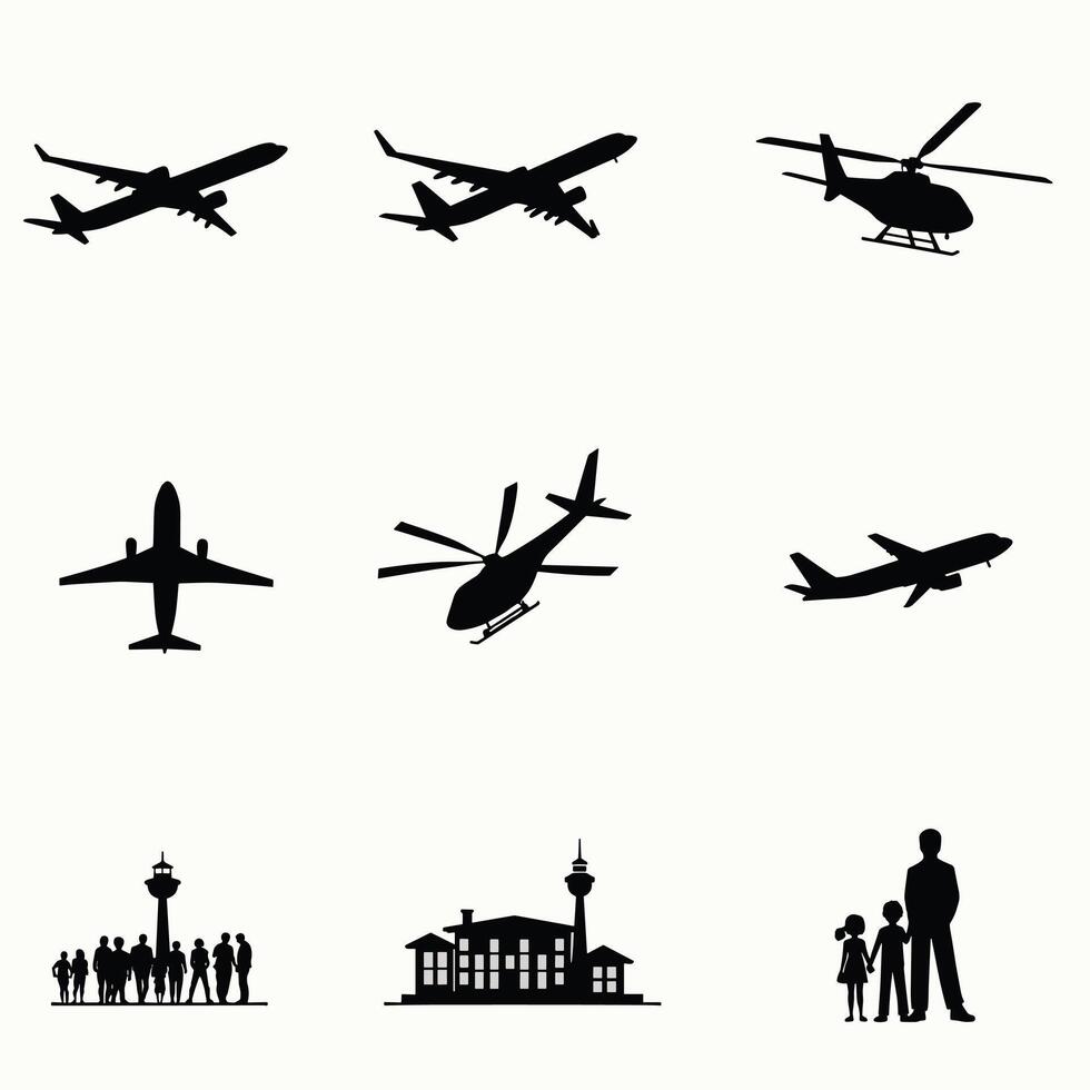 Silhouettes of various aircraft, family, and aviation-related structures set against a white background. vector