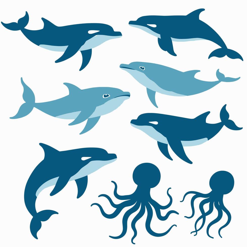 Illustration of dolphins and octopuses in a playful marine-themed design, featuring various shades of blue. vector