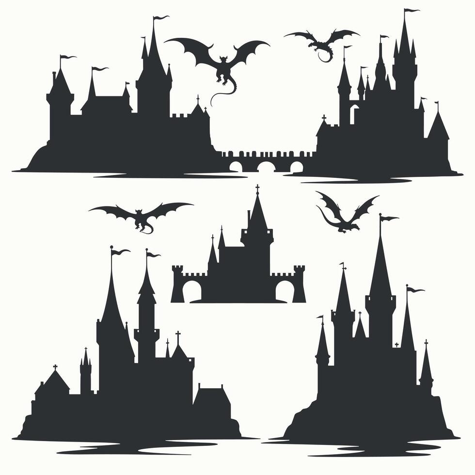 Silhouettes of medieval castles with dragons flying in the sky. vector