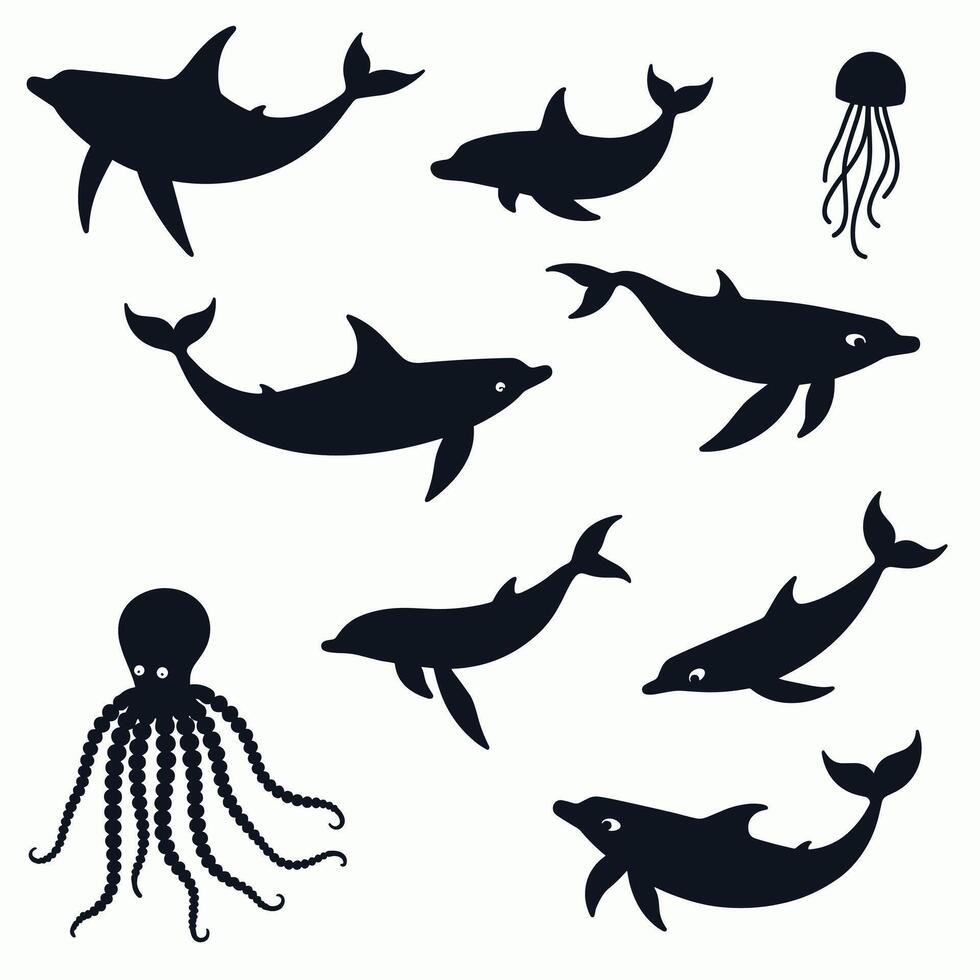 Silhouettes of various marine animals, such as sharks, dolphins, an octopus, and a jellyfish on a light background. vector