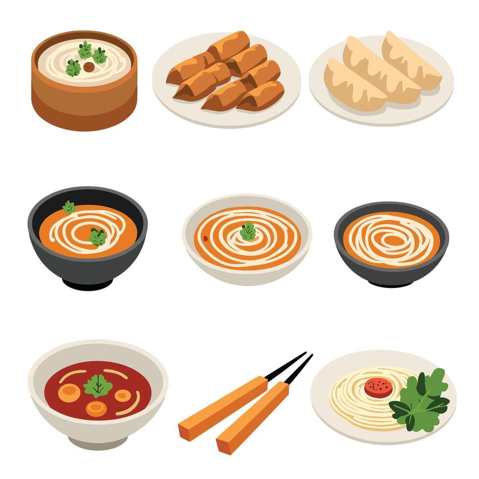 A selection of Asian cuisine featuring ramen, dumplings, and various noodle dishes, artistically arranged. vector