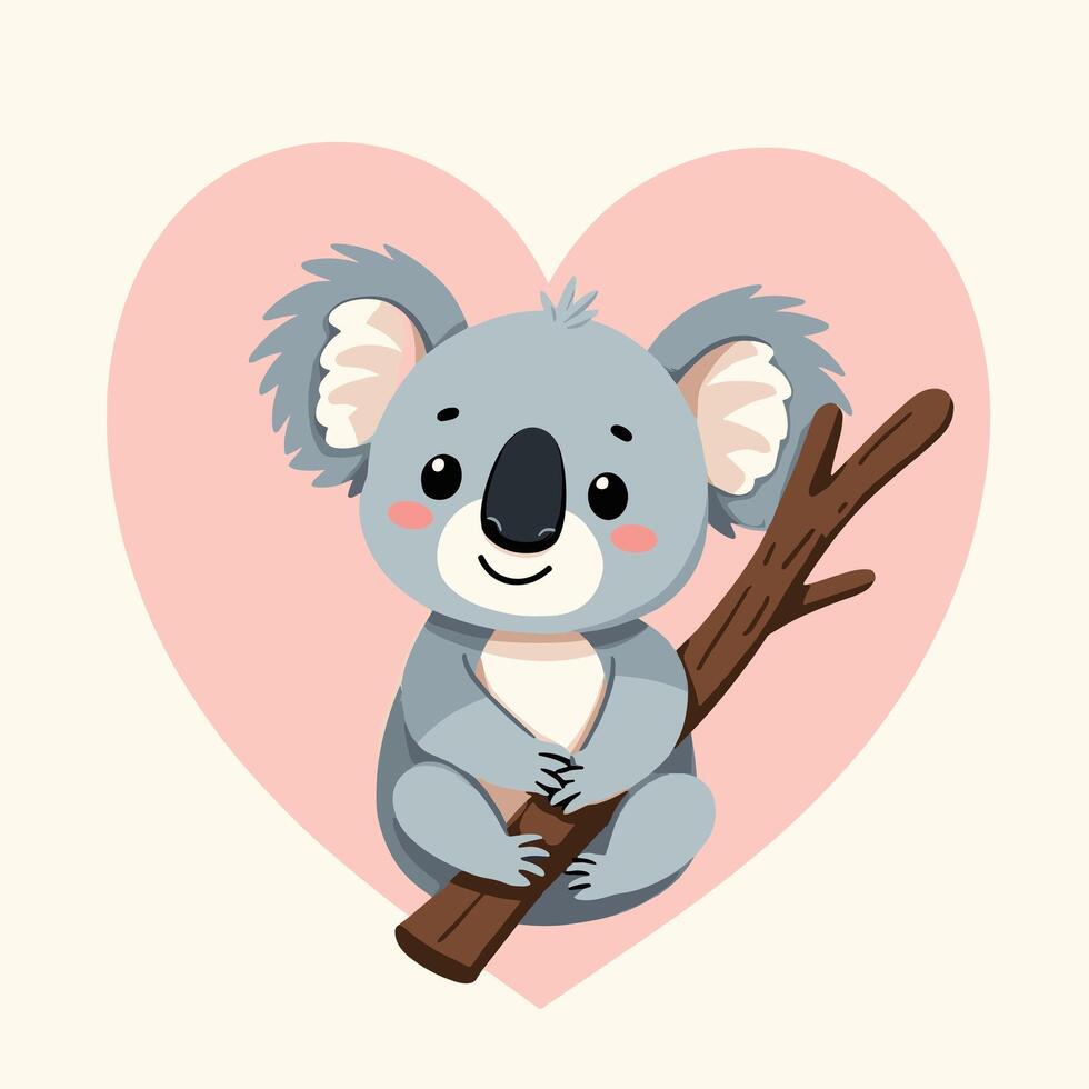 Adorable cartoon koala sitting on a tree branch, framed by a pink heart background. vector