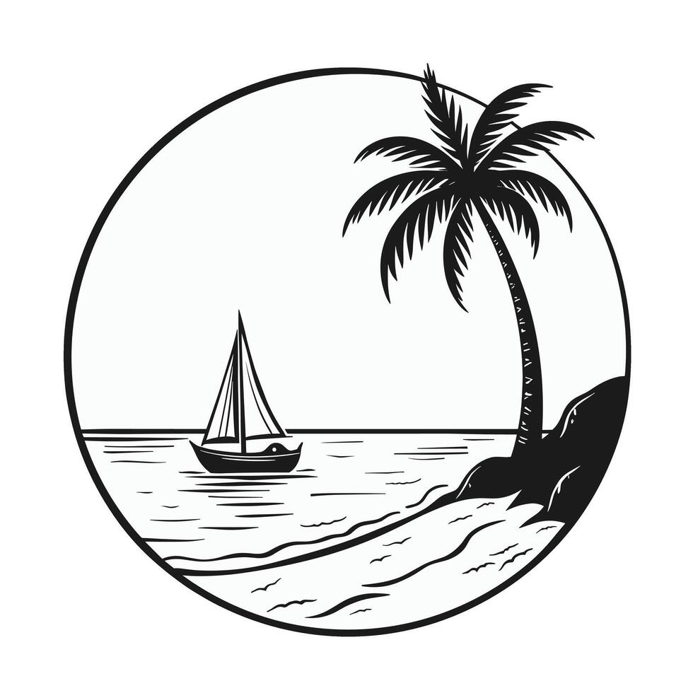 Black and white illustration of a serene beach with a sailboat and palm tree. vector