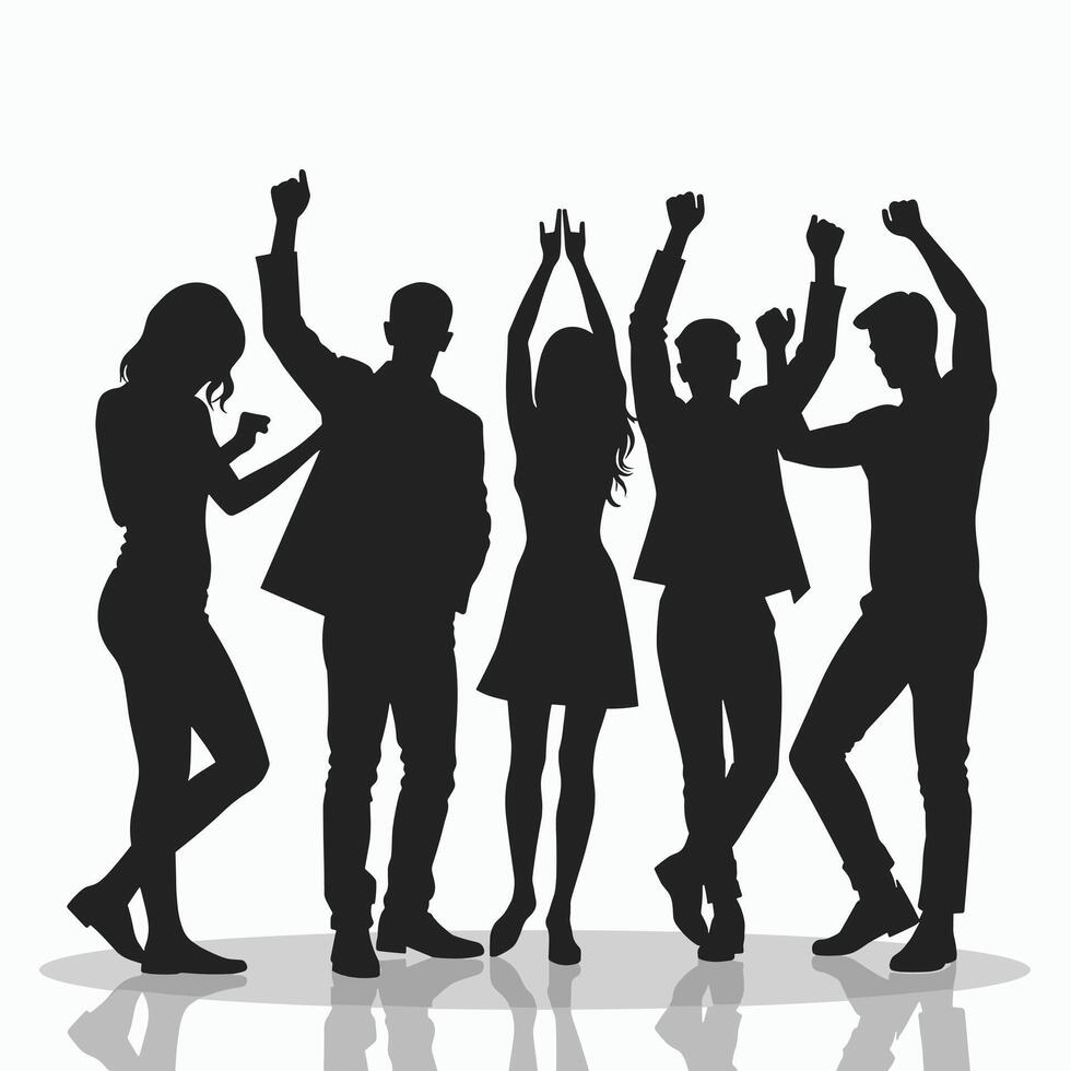 Silhouettes of a diverse group of young adults dancing and celebrating together. vector