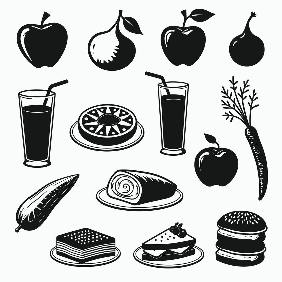 Collection of various black and white food illustrations including fruits, drinks, desserts, and meals. vector