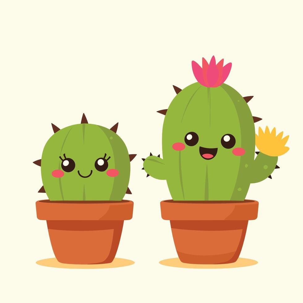 Cute cartoon cacti in pots with smiling faces, featuring bright flowers, against a light background. vector