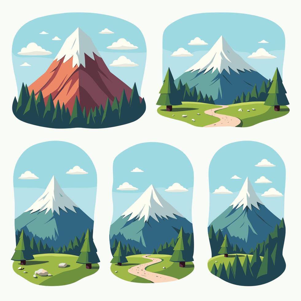 A series of illustrations depicting serene mountain landscapes with snow-capped peaks, lush green forests, and winding trails under clear blue skies. vector