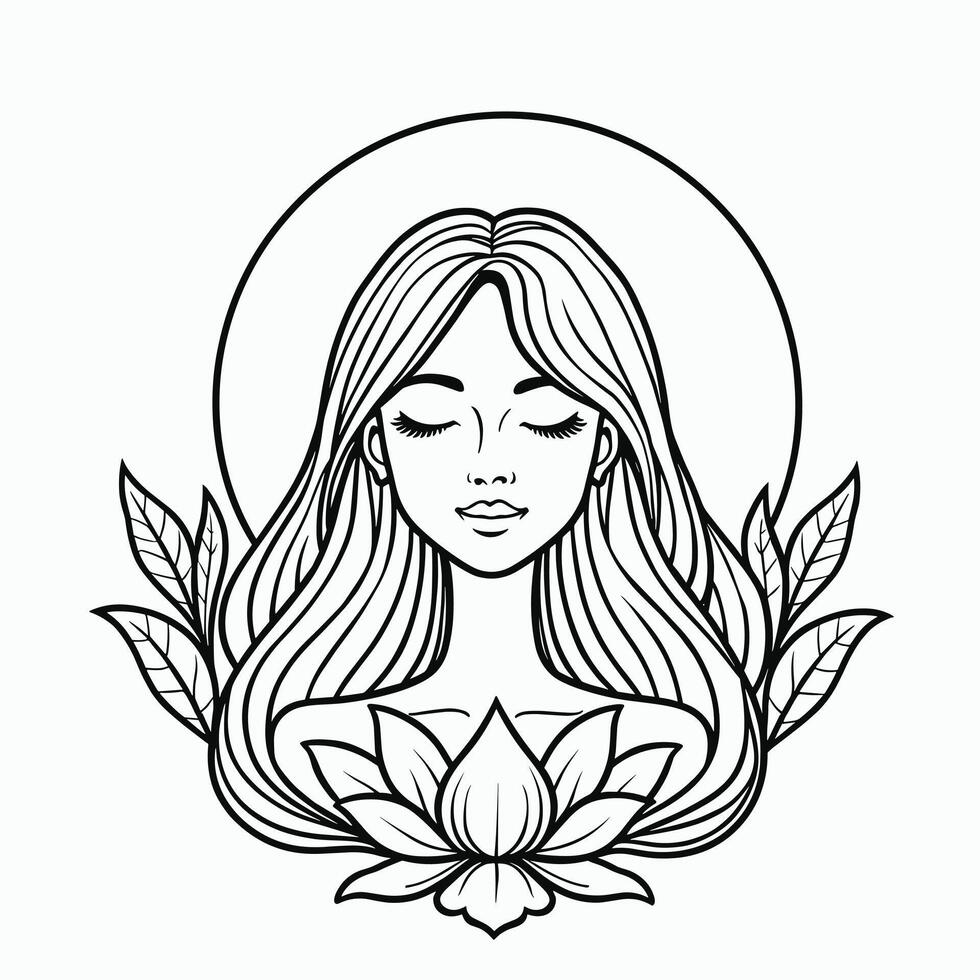 A serene line art illustration of a woman with long hair surrounded by leaves and a lotus flower. vector