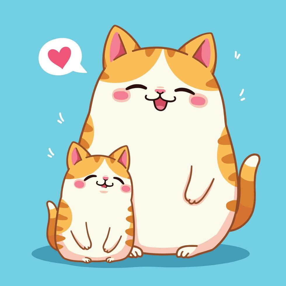 Adorable illustration of a happy mother and kitten with a heart symbol on a light blue background. vector