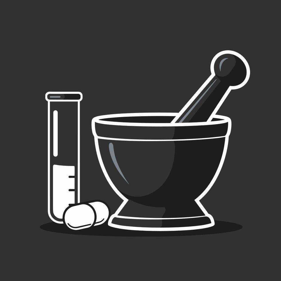 Illustration of a mortar and pestle with a test tube and tablets on a dark background. vector