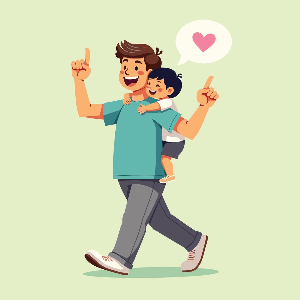 Happy father walking with his joyful child on his back, showing a heart sign in a speech bubble on a light green background. vector