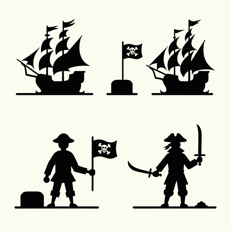 Silhouette illustrations of pirate ships and pirates on a white background. vector