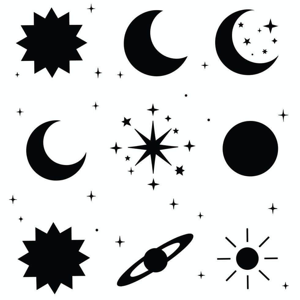 A collection of celestial symbols featuring moons, stars, and planets in a minimalist black-and-white design, evoking a celestial and cosmic theme. vector