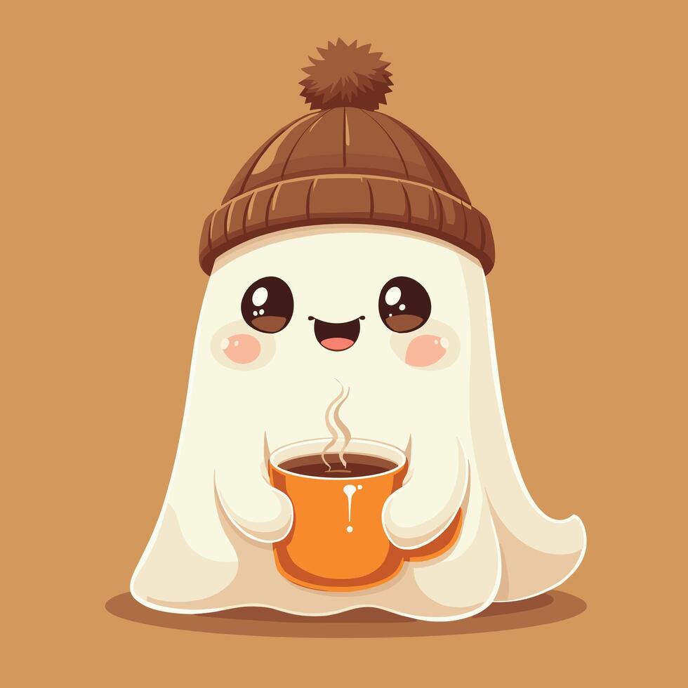 Cute cartoon ghost wearing a beanie hat, smiling while holding a steaming coffee cup on a brown background. vector