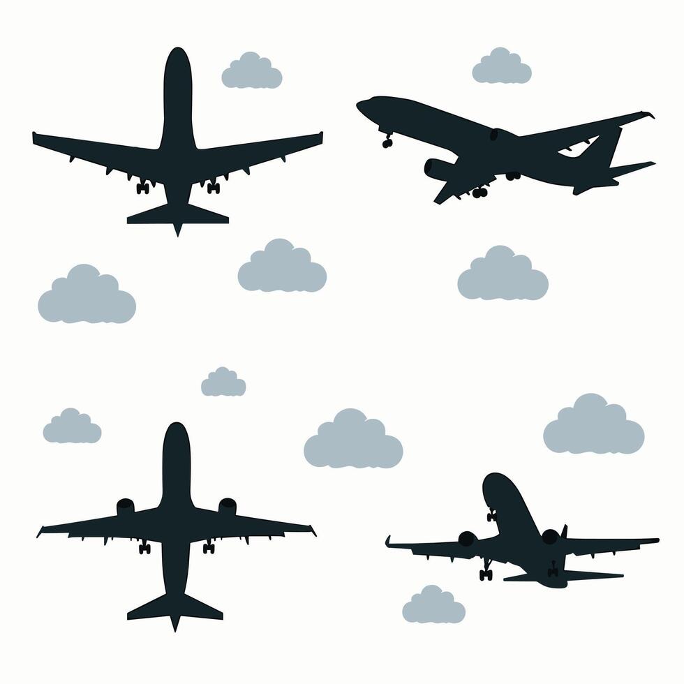 Silhouettes of airplanes in various flight positions against a background of scattered clouds. vector