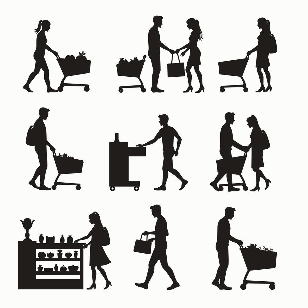 Silhouettes of men and women shopping with carts and baskets in various interactions. vector