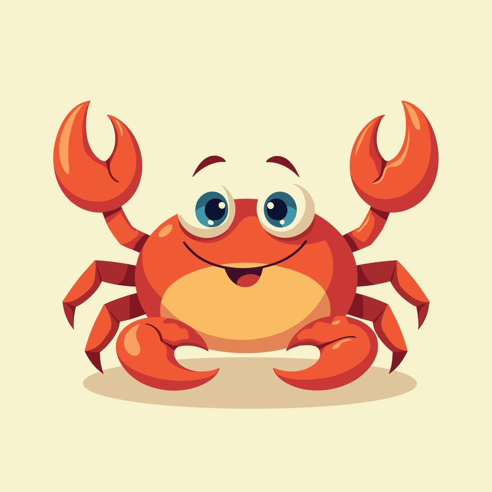 Cute cartoon crab with big blue eyes and cheerful expression on a light background. vector