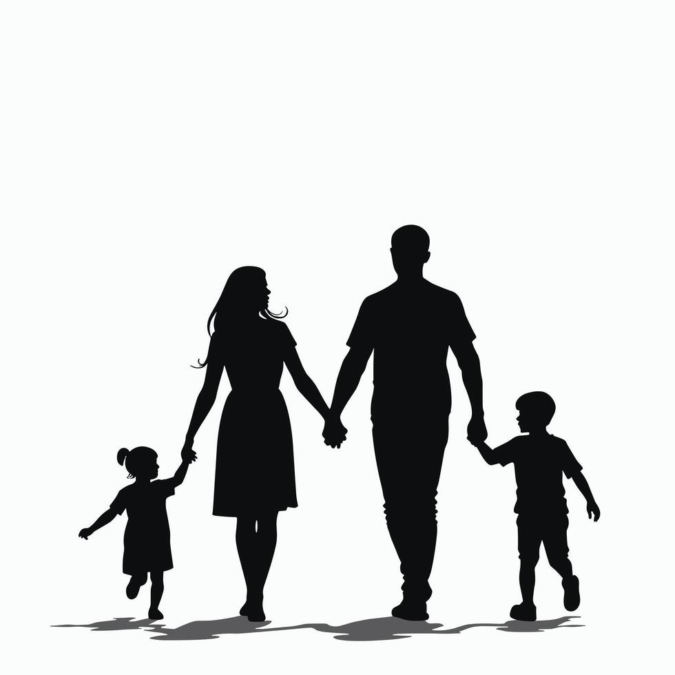 Silhouette of a family of four walking hand in hand against a white background. vector