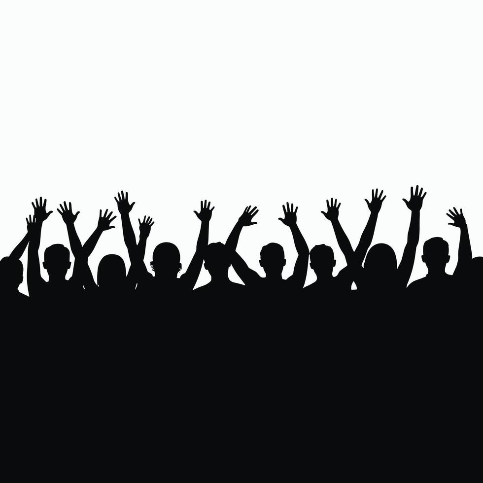 Silhouettes of a diverse crowd raising their hands in celebration against a white background. vector