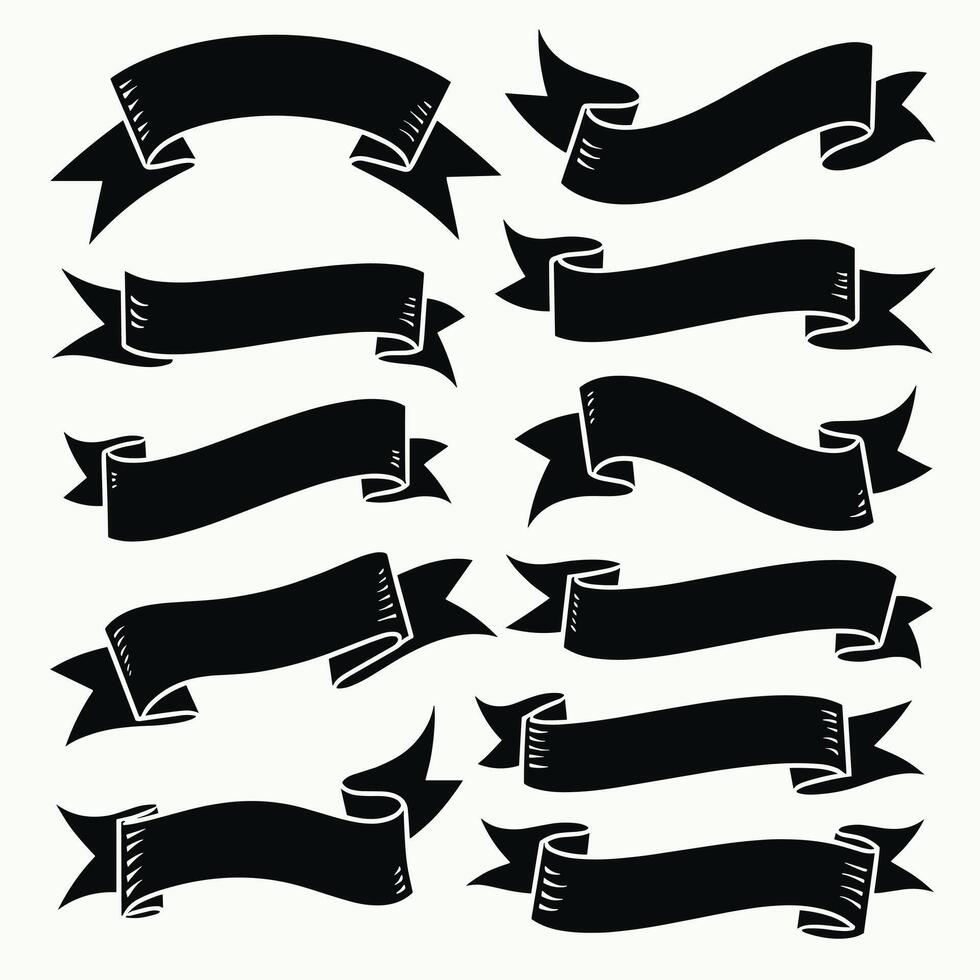 A collection of twelve black ribbon banners of various shapes, each elegantly curled, set against a white background, ideal for graphic design use. vector