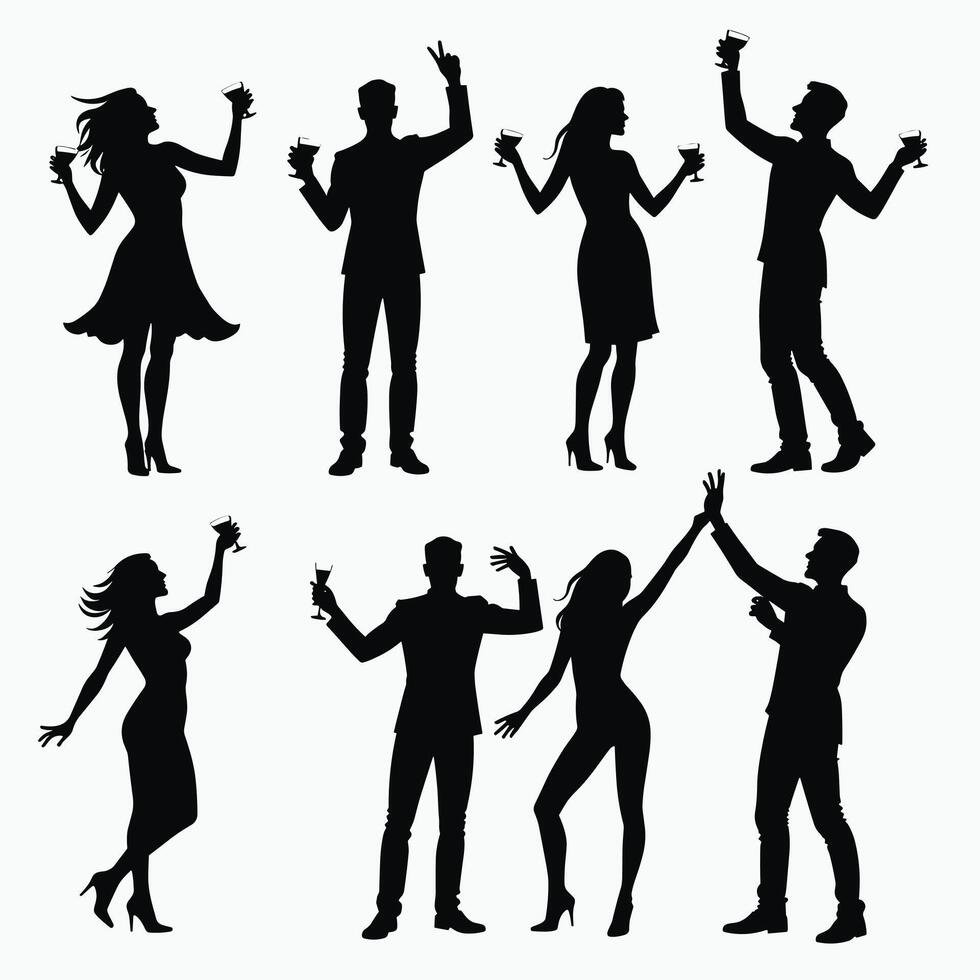 Silhouettes of diverse men and women enjoying a lively party, holding drinks and dancing energetically in dark attire. vector