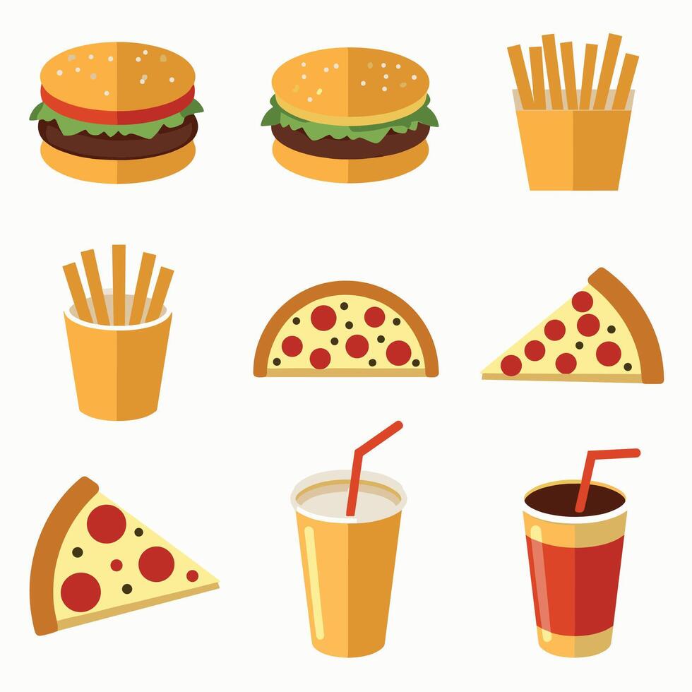 Illustration of fast food icons including burgers, fries, pizza, and drinks in a colorful, flat design style. vector