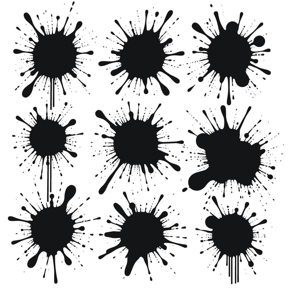 A collection of nine bold, black ink splatters on a white background, showcasing creativity and abstract art. vector