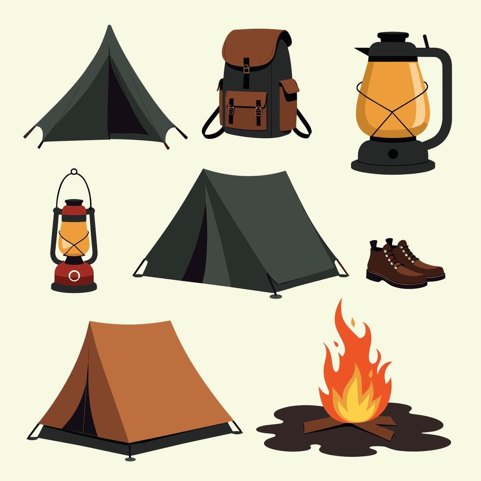 Camping essentials illustration featuring tents, boots, backpacks, lanterns, and a campfire against a light background. vector