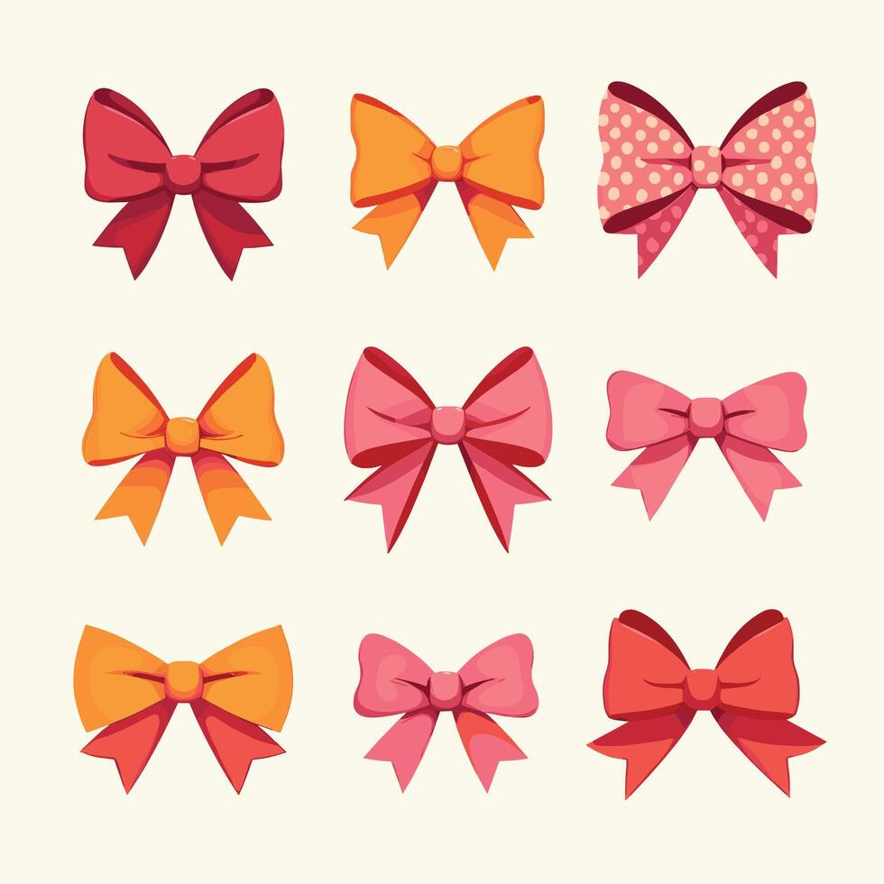 A collection of colorful bows in various styles and patterns, set against a pale background. vector