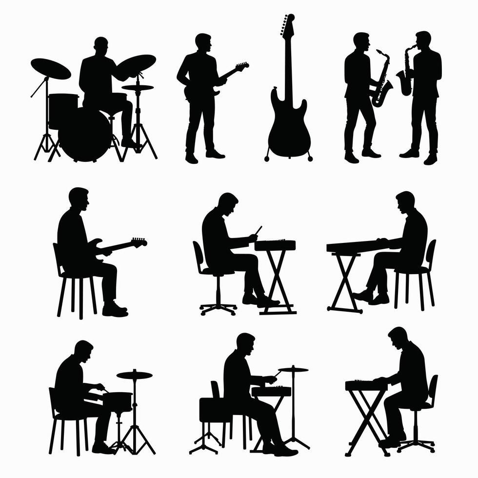 Silhouettes of male musicians playing various instruments in different postures, showcasing a dynamic and vibrant musical scene. vector
