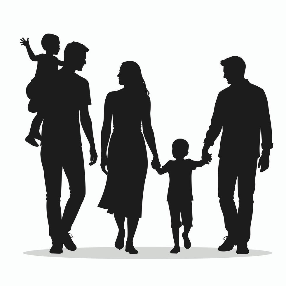 Silhouette of a diverse family walking together, holding hands, showcasing love and unity. vector