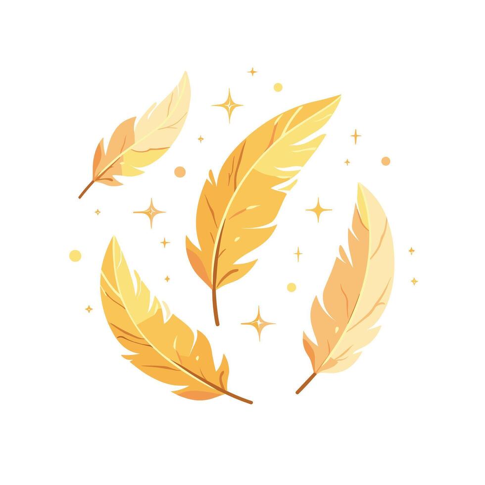 Illustration of golden feathers with sparkling stars on a white background vector