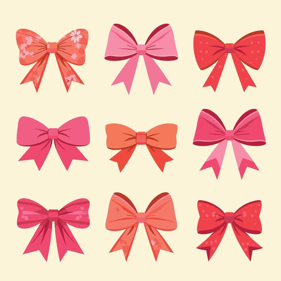 A collection of colorful bows in various shades of pink and red on a light background. vector
