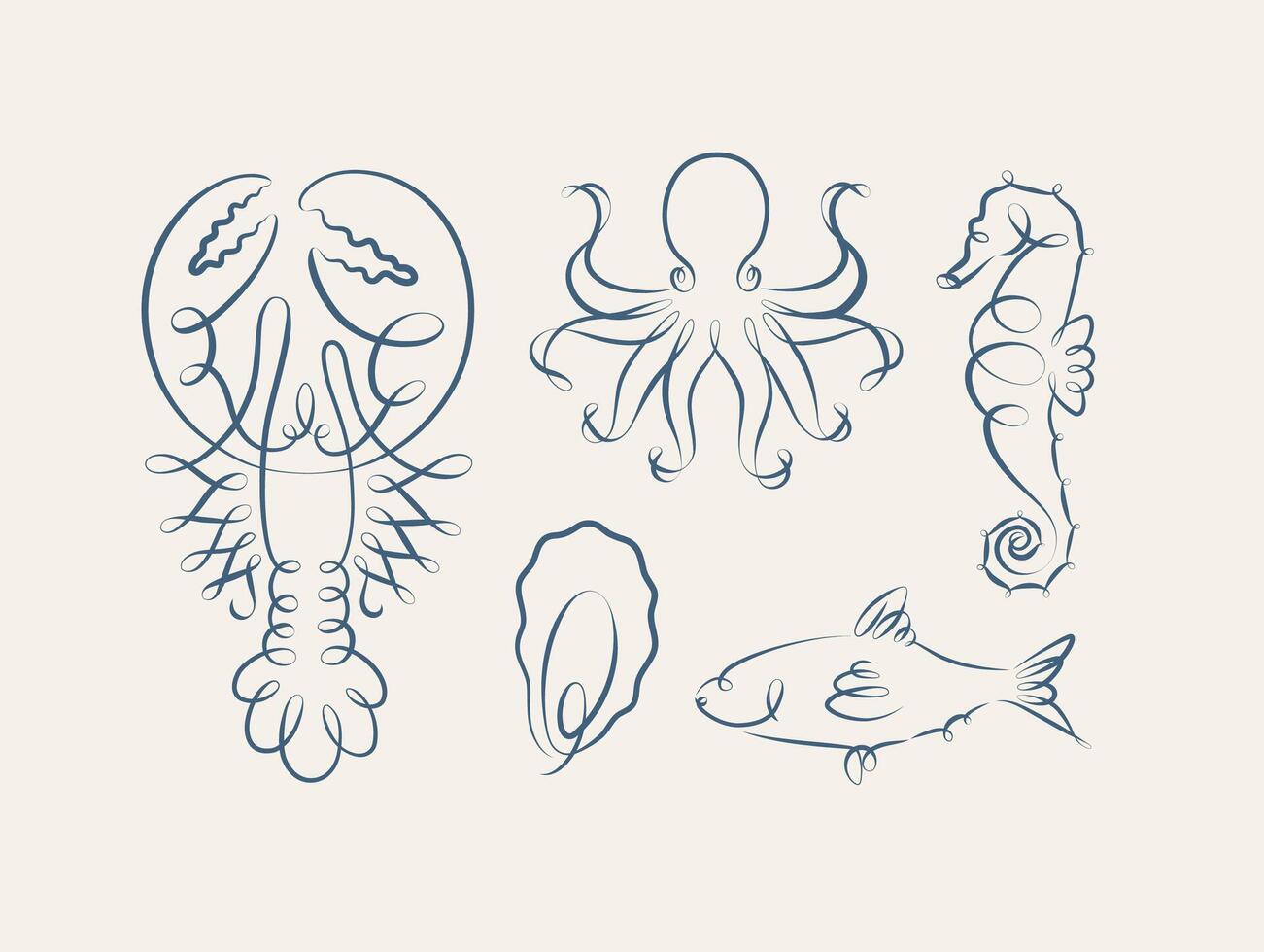 Filigree swirl sea and ocean creatures lobster, octopus, seahorse, oyster, fish drawing on grey background vector