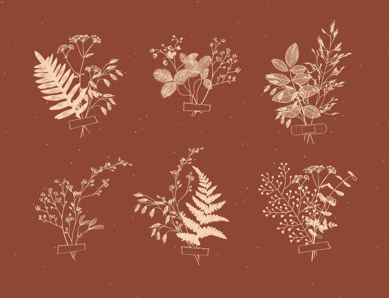 Branches and leaves are collected into a bouquet with sticker drawing in grey color on brown background vector
