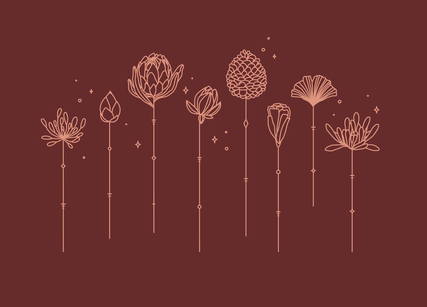 Flowers long stem drawing in art deco style on red background vector