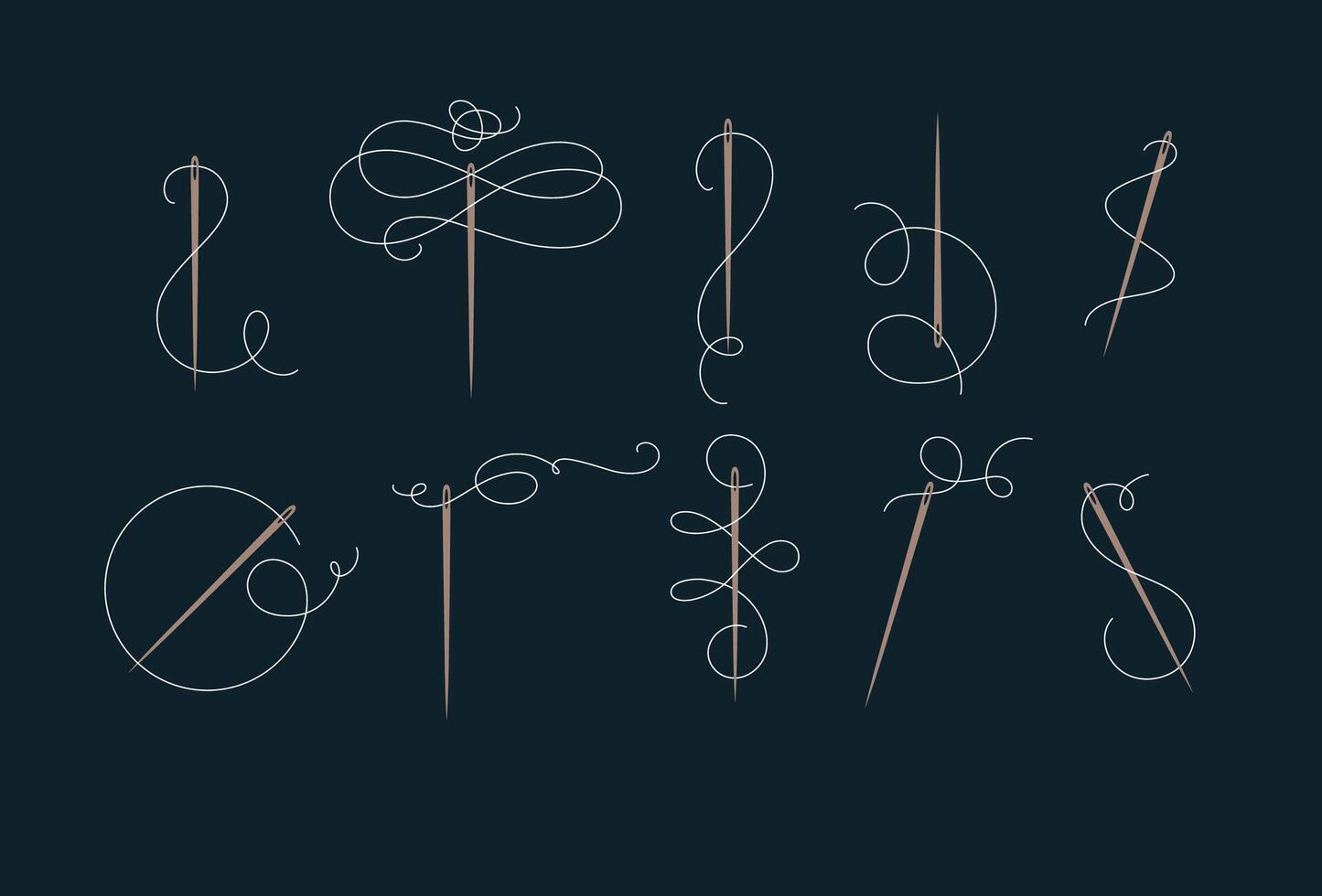 Needles and thread for sewing collection drawn with swirls element in baroque style in blue color vector