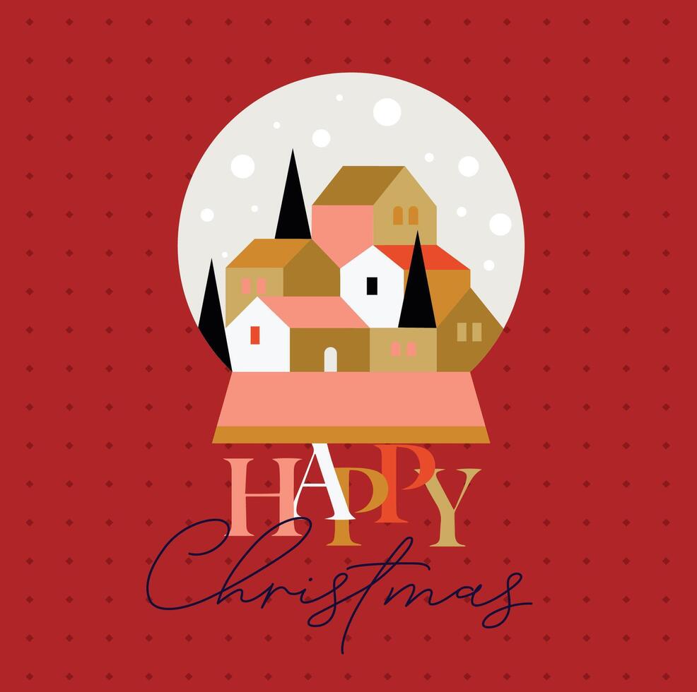 Poster winter snow globe in cubism style with small town lettering happy christmas drawing on red background vector