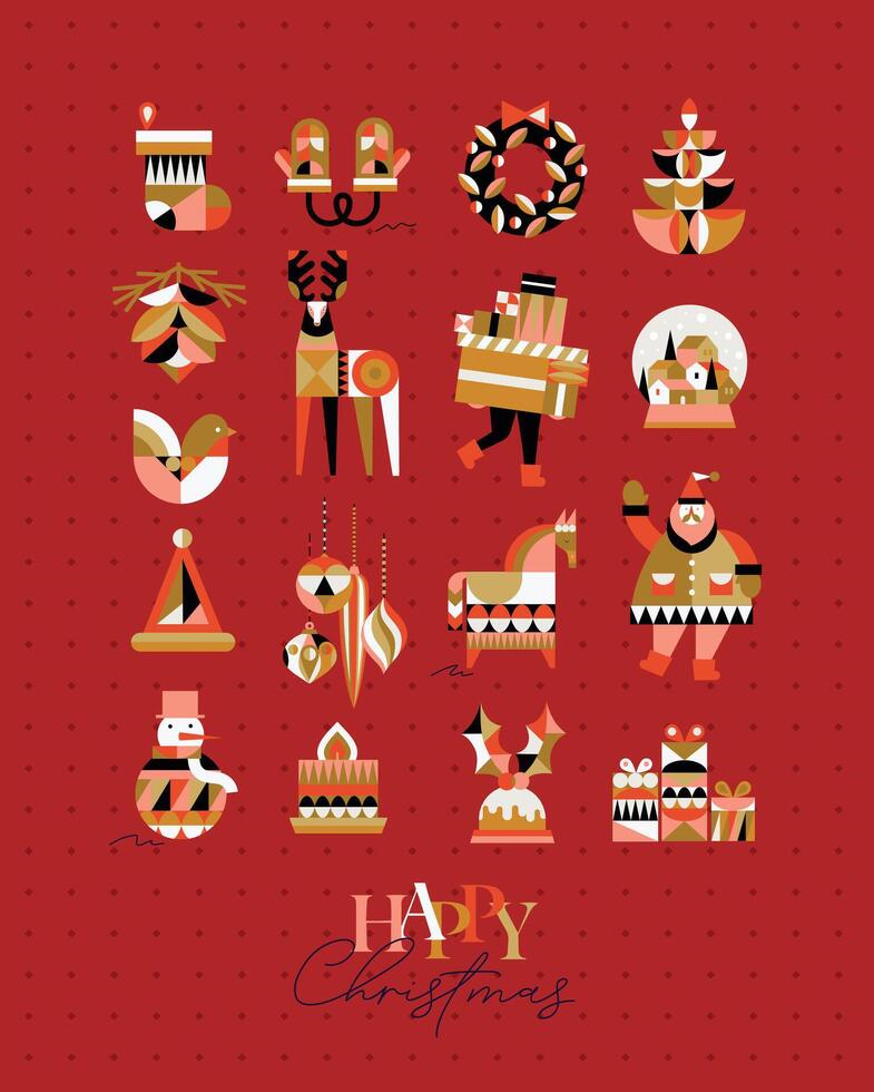 Set of Christmas symbols in cubism style sock, gloves, wreath, tree, cone, deer, gifts, winter snow globe, bird, hat, decorations, horse, Santa, snowman, pie, candle drawing on red background vector